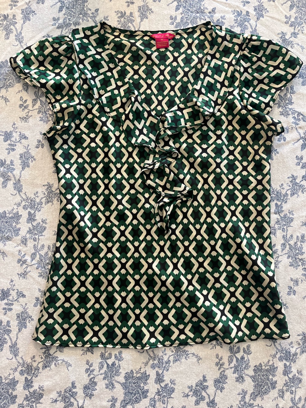 Sunny Leigh Green and White Geometric Shirt with Ruffle Detail